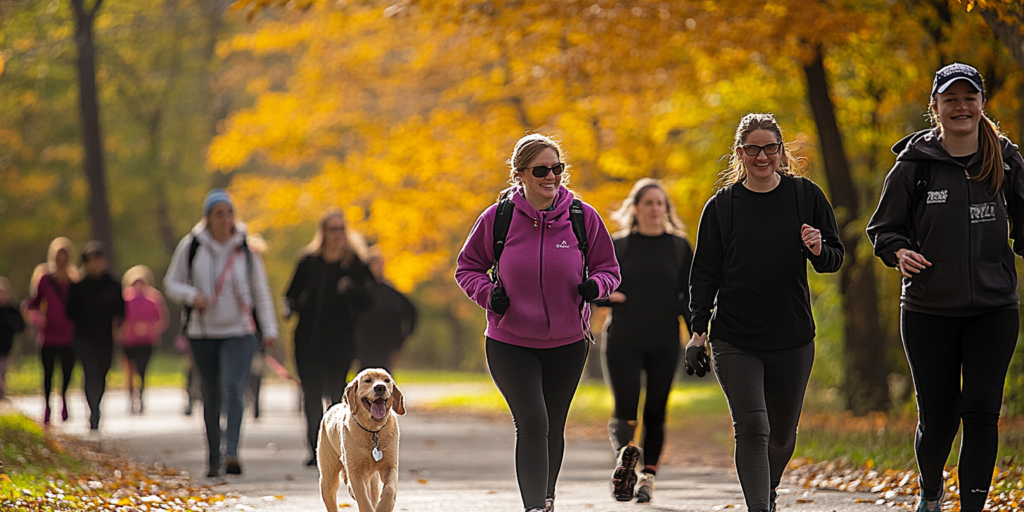 Group of people and dogs participating in the 2024 Walk Against Homelessness and Hunger charity event.