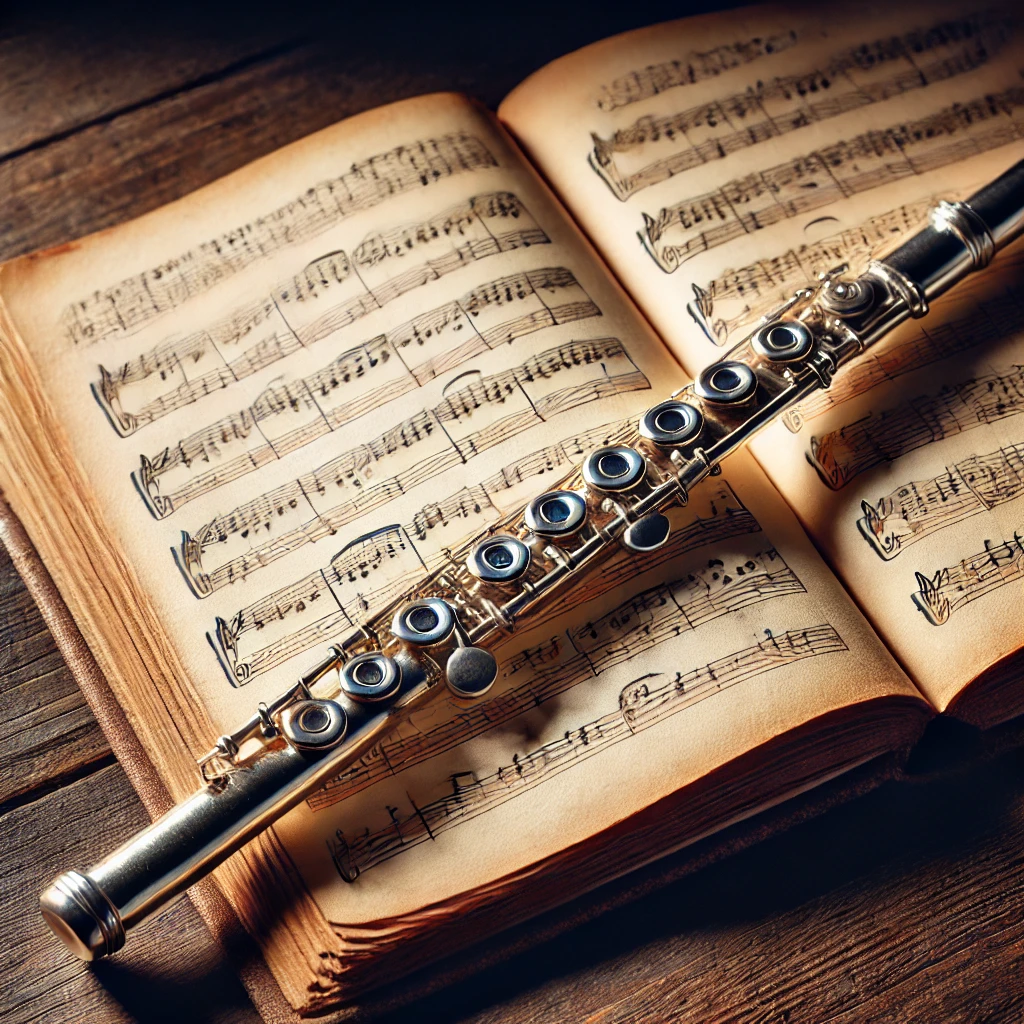 Flute lying on sheet music for Peace Gathering event in Alpena.