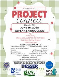 Flyer for Alpena County Project Connect event on June 16, 2025, from 11 AM to 1 PM at the Alpena Fairgrounds. Includes free haircuts, car seat safety checks, food giveaways, and participation from local agencies and sponsors.