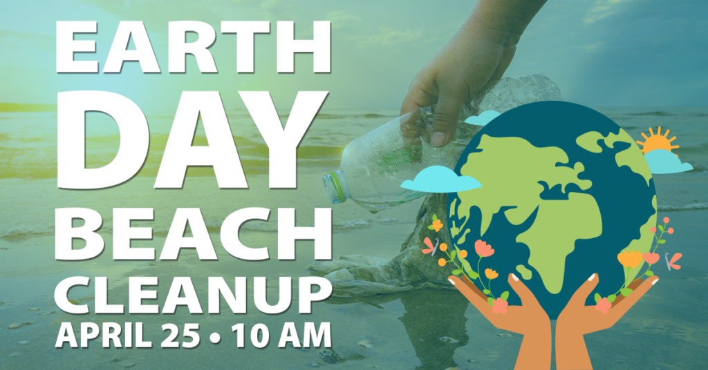 Earth Day beach cleanup event with plastic bottle removal and April 25 10 AM details