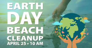 Earth Day beach cleanup event with plastic bottle removal and April 25 10 AM details