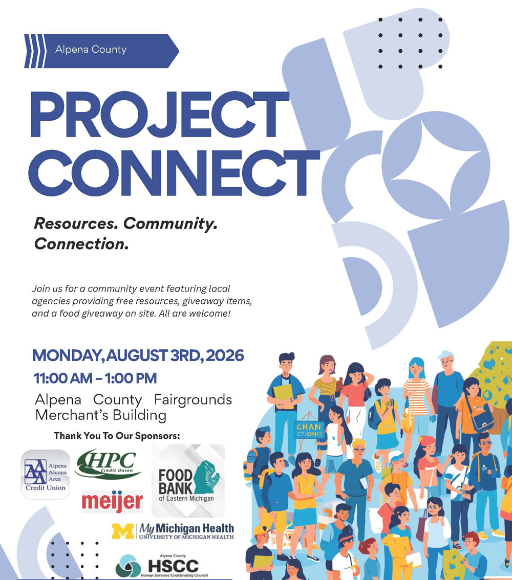 Flyer for Alpena County Project Connect on August 3, 2026, at the Alpena County Fairgrounds